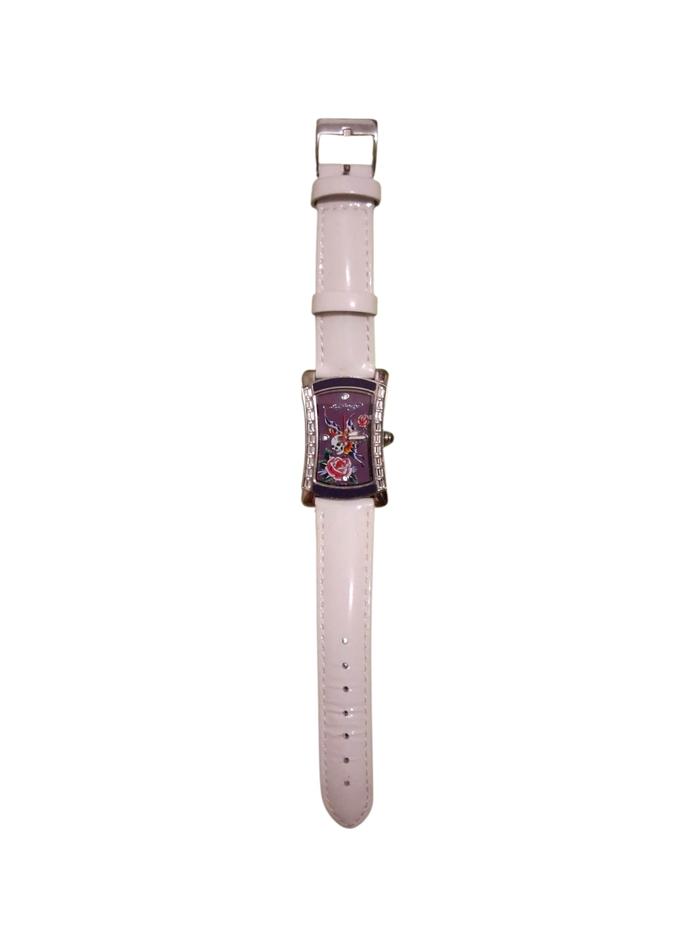 Ed Hardy Women's Watch Swallow Skull Rose Dial Crystal Bezel White Patent Leathe